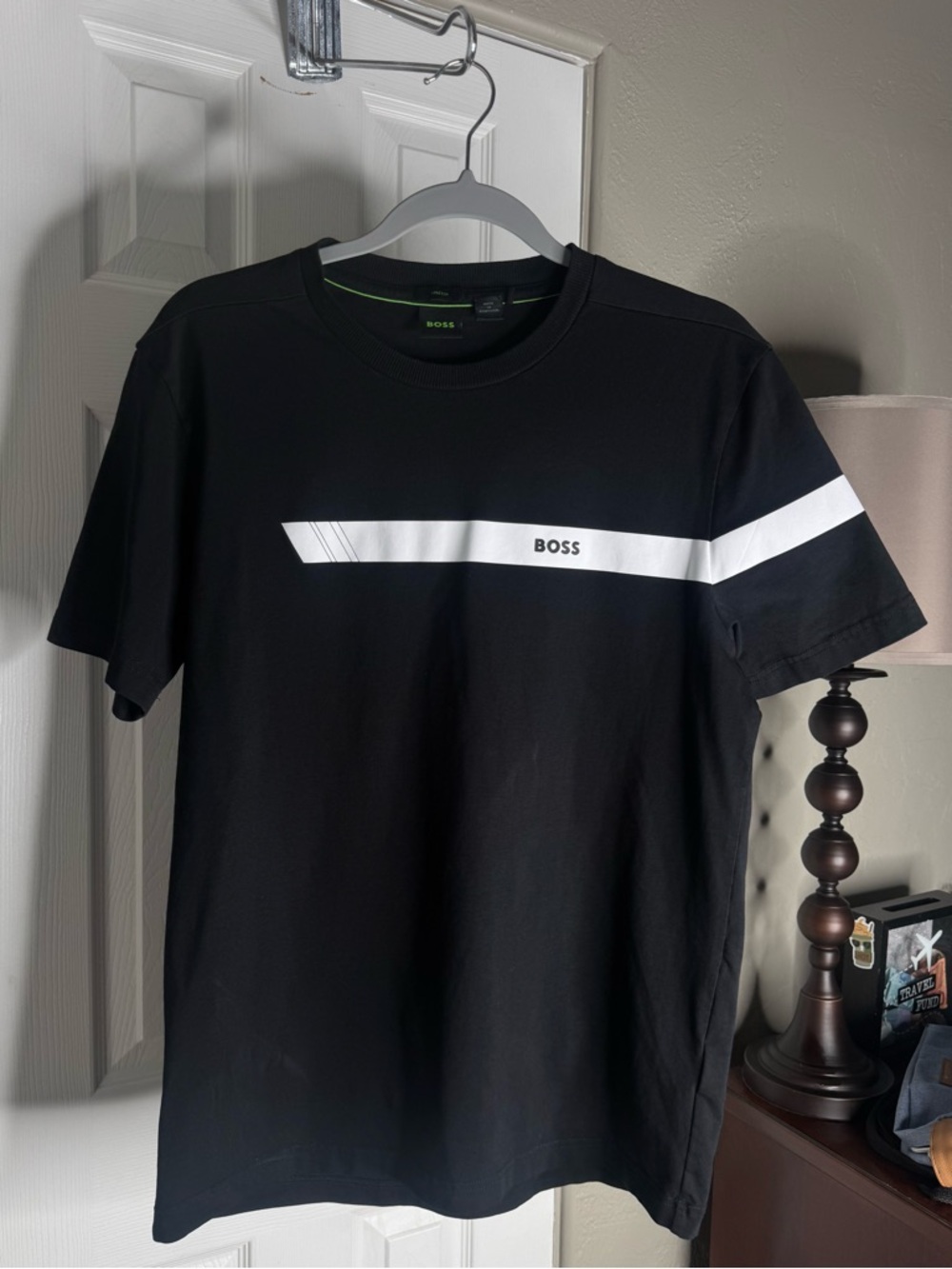 BOSS Black Tee with White Diagonal Chest Stripe